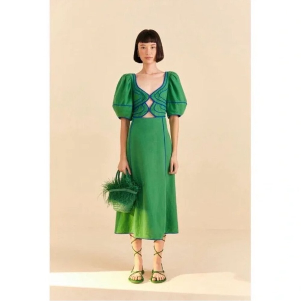 FARM Rio Vibrant Green Midi Dress with Puff Sleeves Topstitched Linen